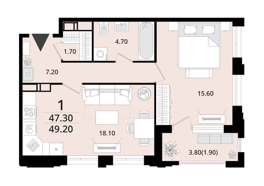 1-комнатная квартира 49.2 м², 11/13 эт., ЖК «Тайм Сквер»